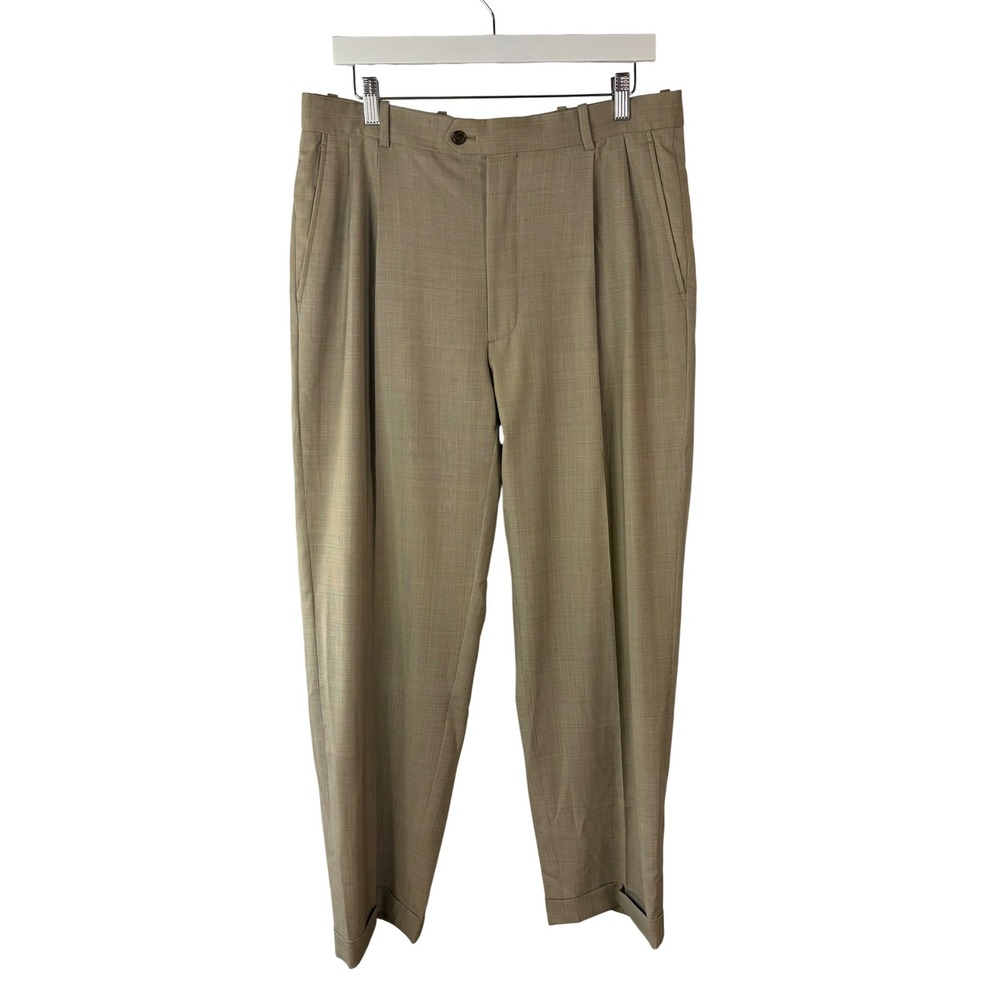 Gerald Austin Mens 34R Tan‎ Glen Plaid 100% Wool Pleated Cuffed Dress Pants